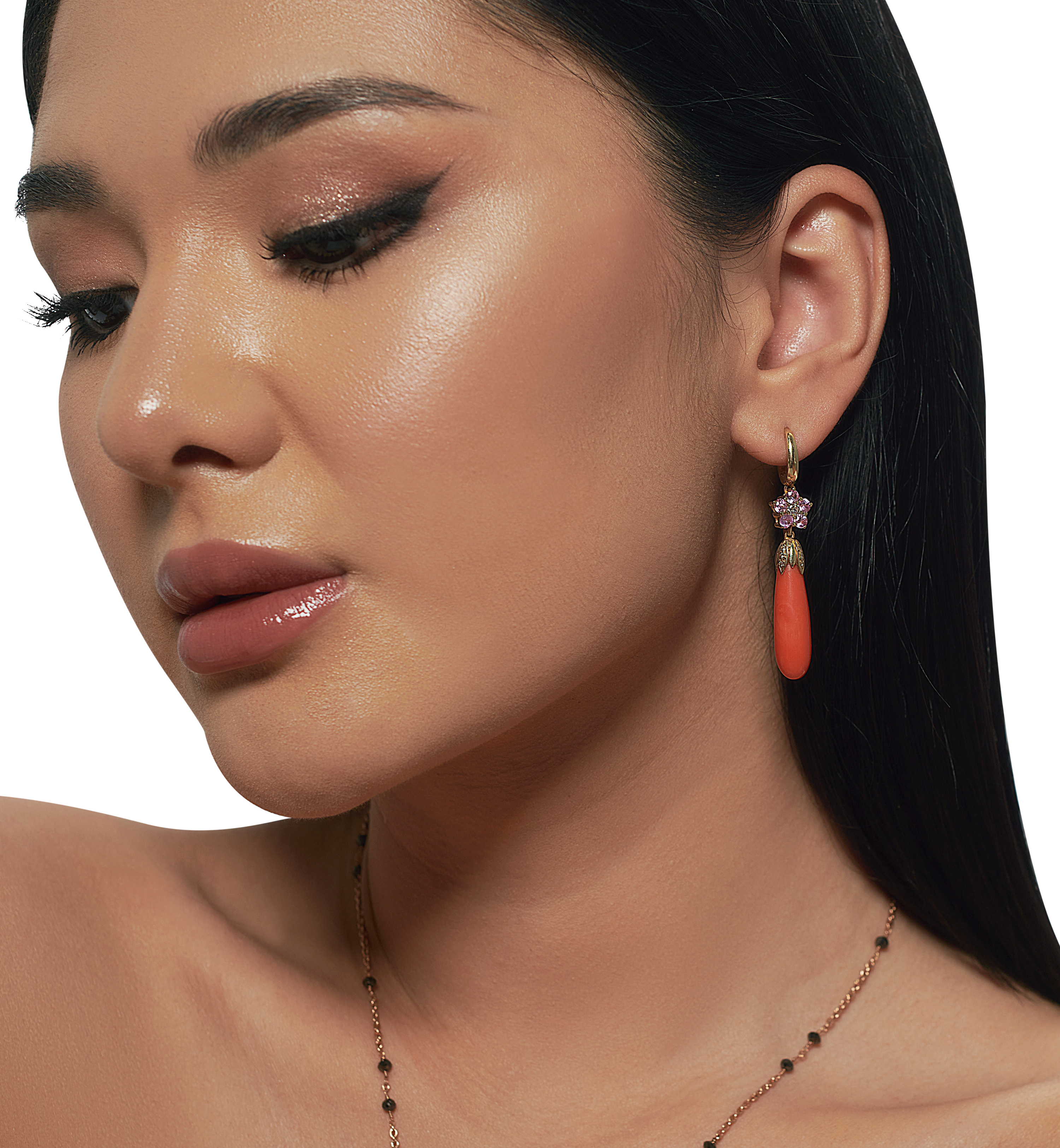Drop mercan pembe safir küpe